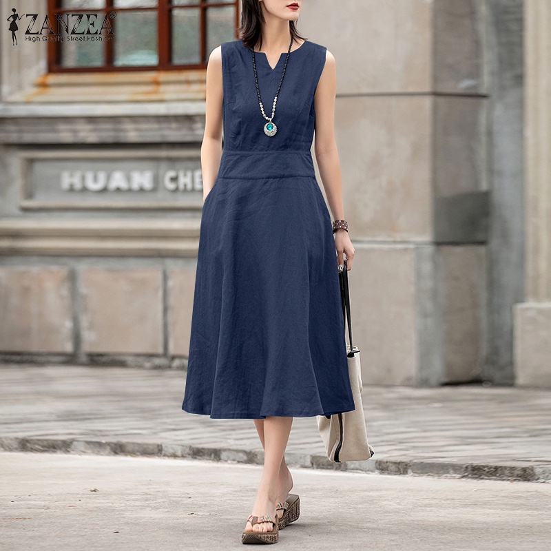 Đầm dài ZANZEA không tay cổ chữ v có khóa kéo thời trang cho nữ