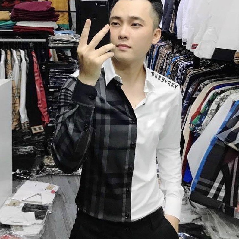 Áo sơ mi nam hot chất lụa loaị 1 cao cấp phối trắng đen in chữ BURBERRY _fashionneww