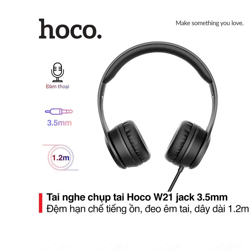 Tai nghe chụp tai có dây Hoco W21 jack 3.5mm bộ điều khiển có mic dài 1.2M hạn chế tiếng ồn, đeo êm tai