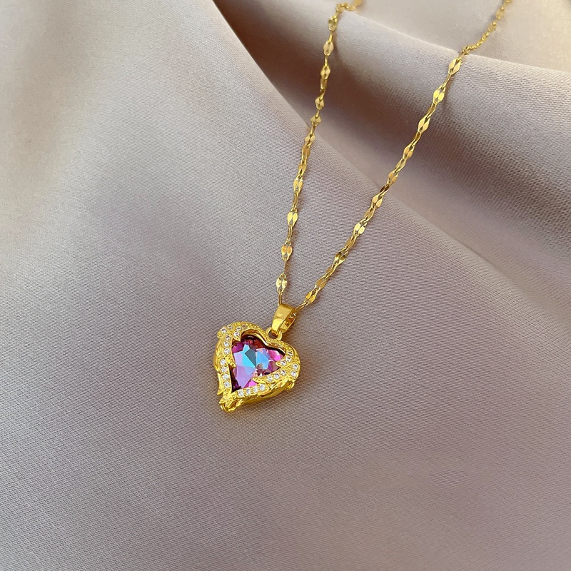 Vòng cổ Thép Titan Mặt Trái Tim Đính Đá Pha Lê Xanh Dương Thời Trang Cho Nữ