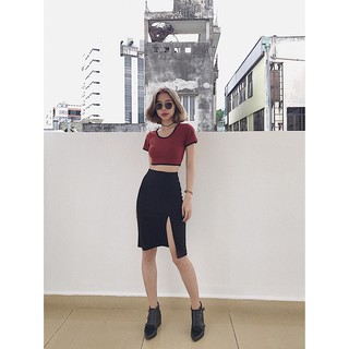 Croptop tay ngắn viền lai