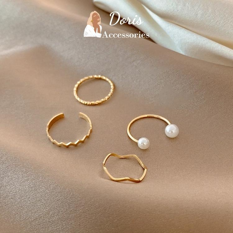 Set 4 nhẫn đeo tay dáng trơn tùy chỉnh kích thước mạ vàng 14K phong cách Hàn Quốc cho nữ xinh xắn, thanh lịch