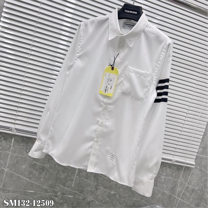 Áo Sơ Mi Dài Tay Nam Thom Dập 4 Sọc Đen Tay Chất Cotton Gai