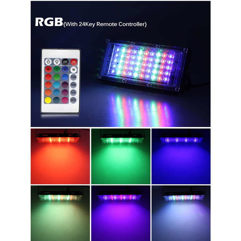 Đèn Rbg 50W 100W RGB / trắng / trắng ấm chống thấm nước IP66 với điều khiển từ xa 24 phím chuyên dùng