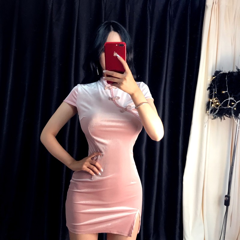 Sườn Xám Body Ullzang Đầm Nhung Ôm Cách Tân Hàn Quốc Sexy Quyến Rũ Xẻ Đùi VFSSXB110319