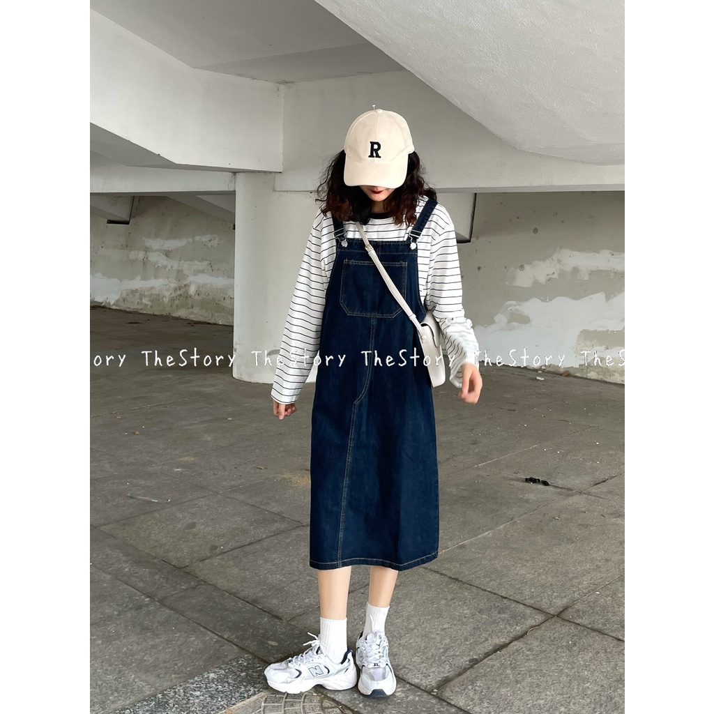 Yếm váy jean dài  D1067 xanh sẫm