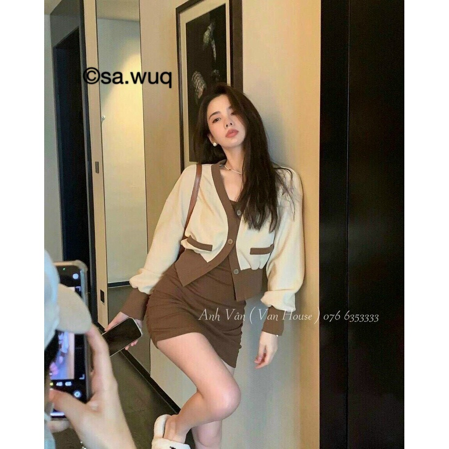 [ Miễn phí ship 2022 ] Đầm thun kèm khoác gân ,  đầm ôm body áo cadigan ngoài phối màu phong cách hàn quốc trẻ trung