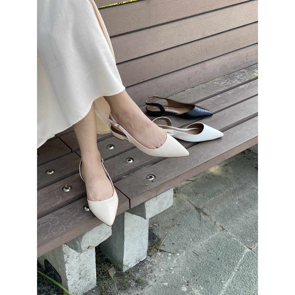 Giày cao gót Annmodels  slingback khoét eo mũi nhọn phối dây hở gót cao 2cm _Min331