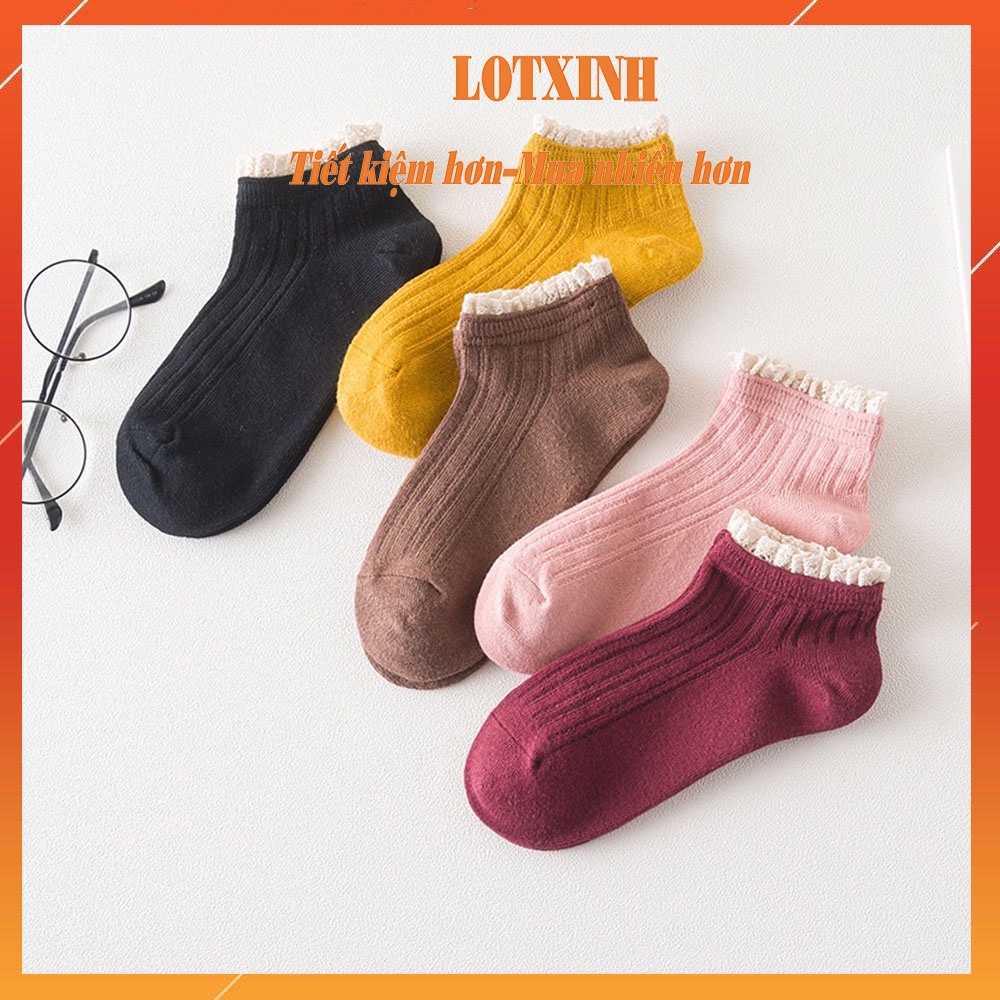 SET 5 đôi Tất nữ cổ ngắn kháng khuẩn viền bèo công chúa cute cao cấp Vớ chân khử mùi hàn quốc LOTXINH
