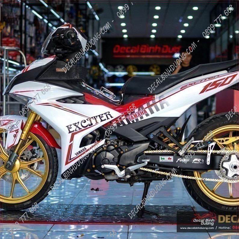 Tem Xe Máy - Decal Trùm Exciter 150 Trắng Đường Viền Đỏ Đơn Giản Nhất