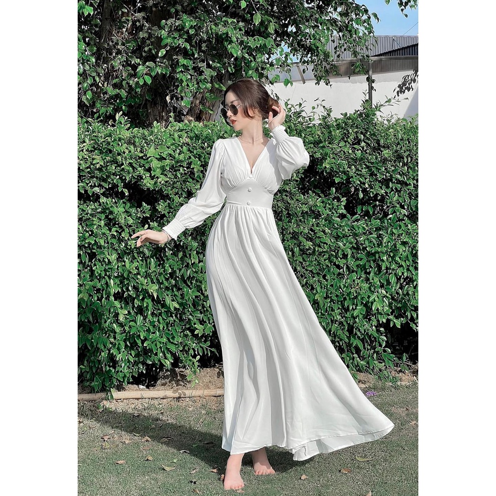 Đầm váy maxi đi biển cổ V nhún eo sang chảnh, 2 màu sắc (Trắng, Đỏ) giúp nàng nổi bật.
