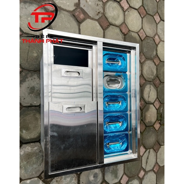 Thùng Đựng Đá Inox Kèm Khay Topping âm bàn quầy.