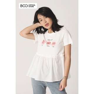  Áo Thun BOO Nữ Dáng Babydoll 100% Cotton Phối Vải Thô In Graphic Dễ Thương Màu Trắng