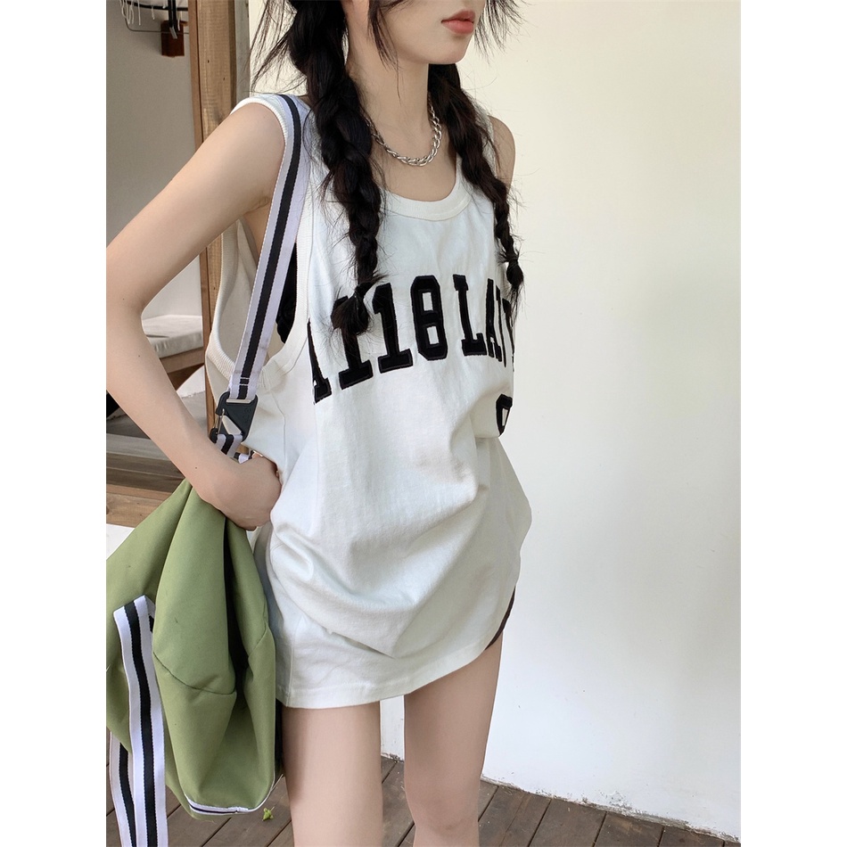 Áo Thun Sát Nách Dáng Rộng Thêu Họa Tiết Phong Cách Retro Mỹ Thời Trang Cho Nữ