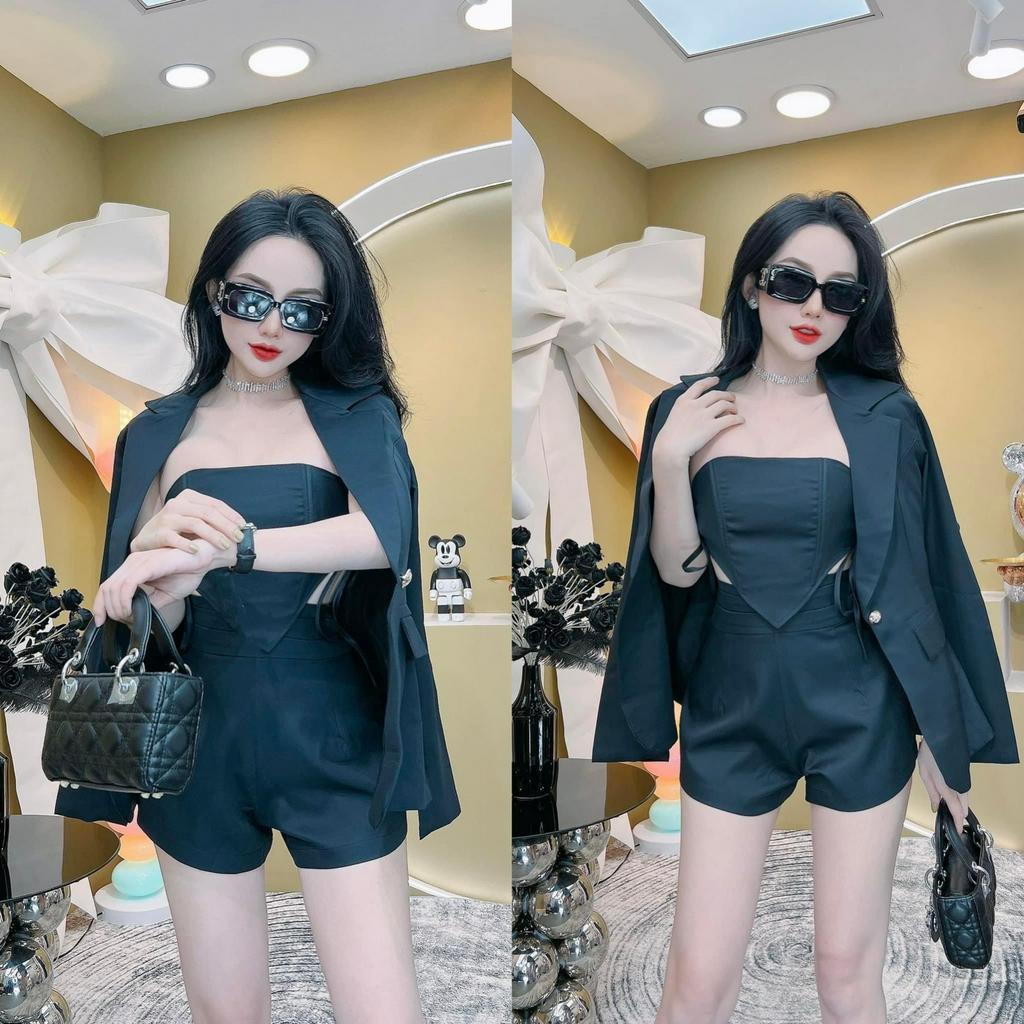 Sét Bộ Vest 3 Món Áo Quây Đan Dây Kèm Áo Vest Và Quần Short Sang Trọng Bigsize Quỳnh Anh Từ 50 kg đến 100 kg M/L/XL/XXL