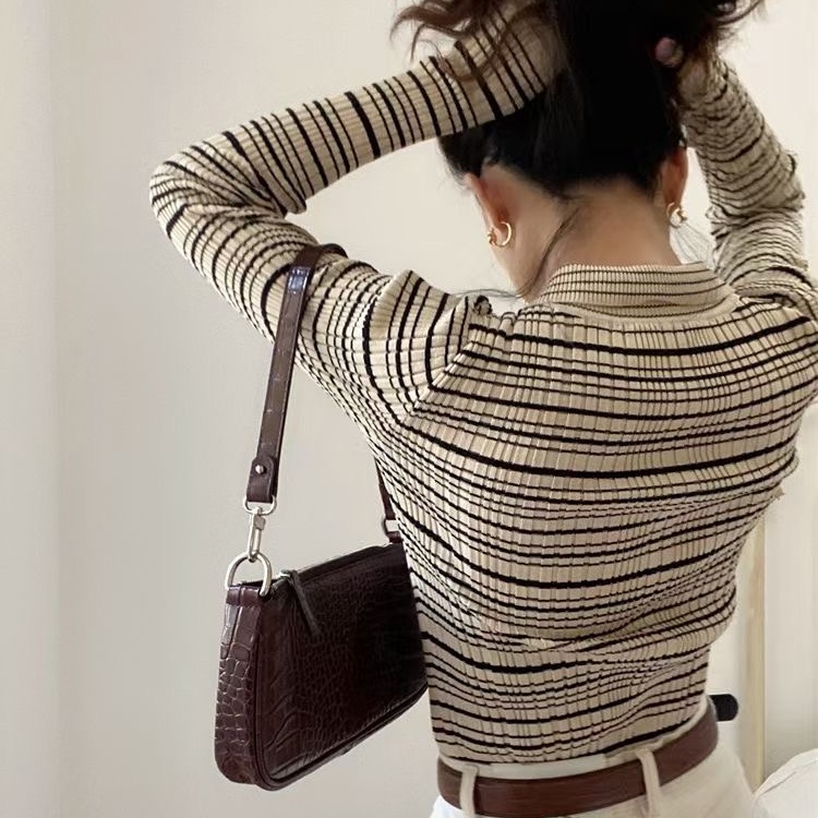 Áo kiểu SUXI dệt kim cổ polo dáng ôm màu tương phản phong cách cổ điển thời trang