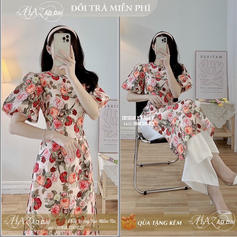Áo Dài Cách Tân Nữ Gấm Hoa Tay Ngắn Bồng LD29