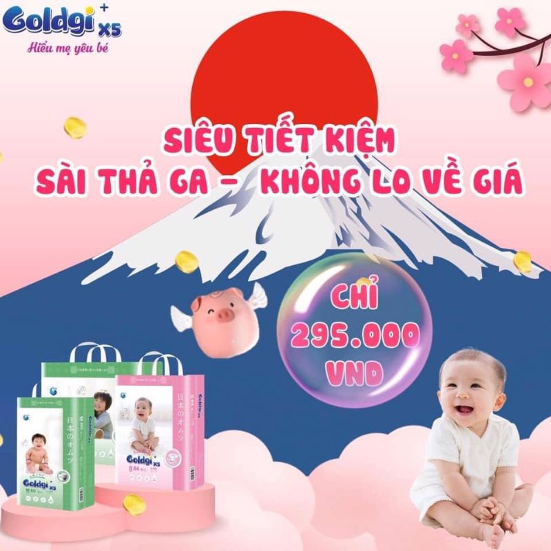 Bỉm Goldgi x5 dán/quần đủ size Nb92/S84/M66/M60/L56/L48/XL46/XL44/XXL32