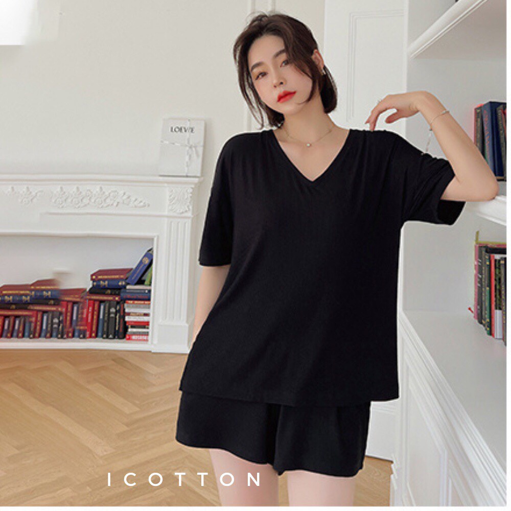 Bộ đồ cộc tay nữ ❤️iCotton❤️ Bộ đồ mặc nhà áo cổ tim quần đùi dáng rộng mềm mát