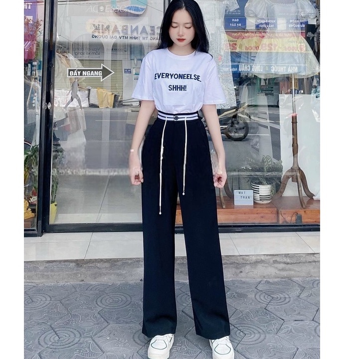 Quần suông ống rộng nữ cạp kẻ dây dút điều chỉnh eo vải lụa Hàn mềm mịn quần tây nữ ống rộng cạp cao
