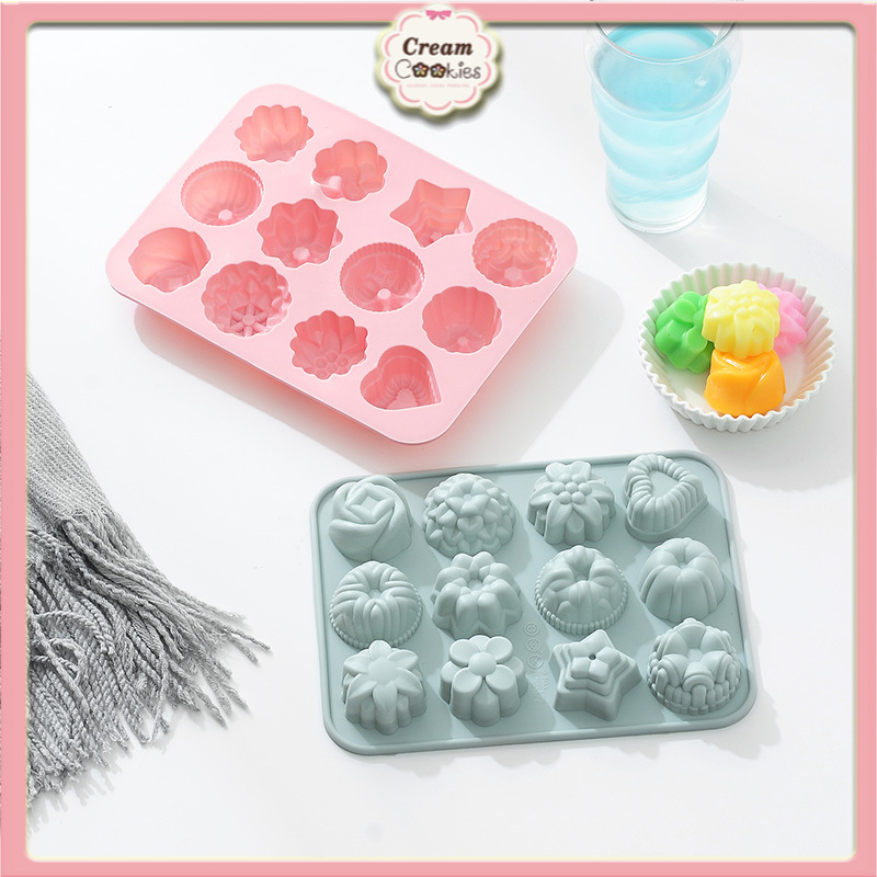 Khuôn Silicon 4D Làm Socola,Thạch,Đá,Kẹo Dẻo,Pudding Hình 12 Hoa Nổi