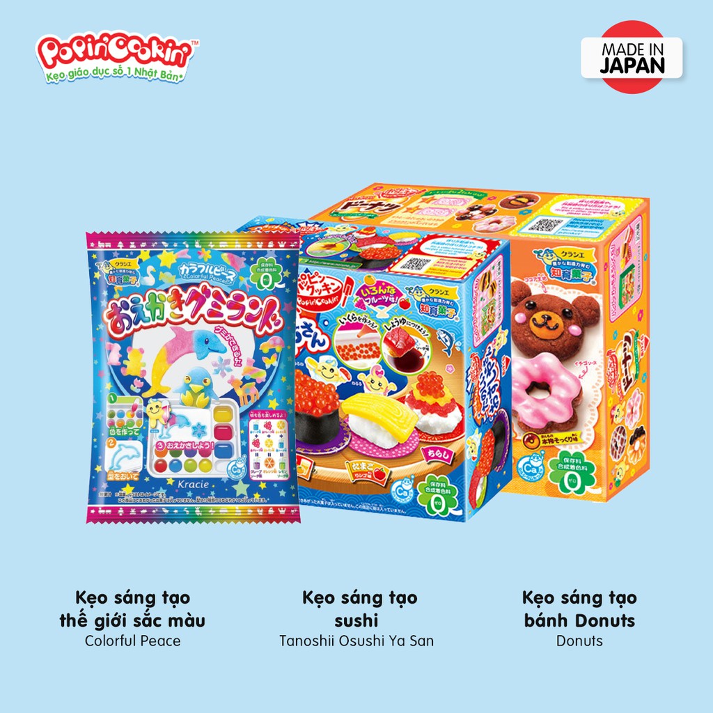 Combo 3 hộp kẹo Popin Cookin đồ chơi sáng tạo ăn được: Sushi + Bánh Donut + Thế Giới Sắc Màu chính hãng