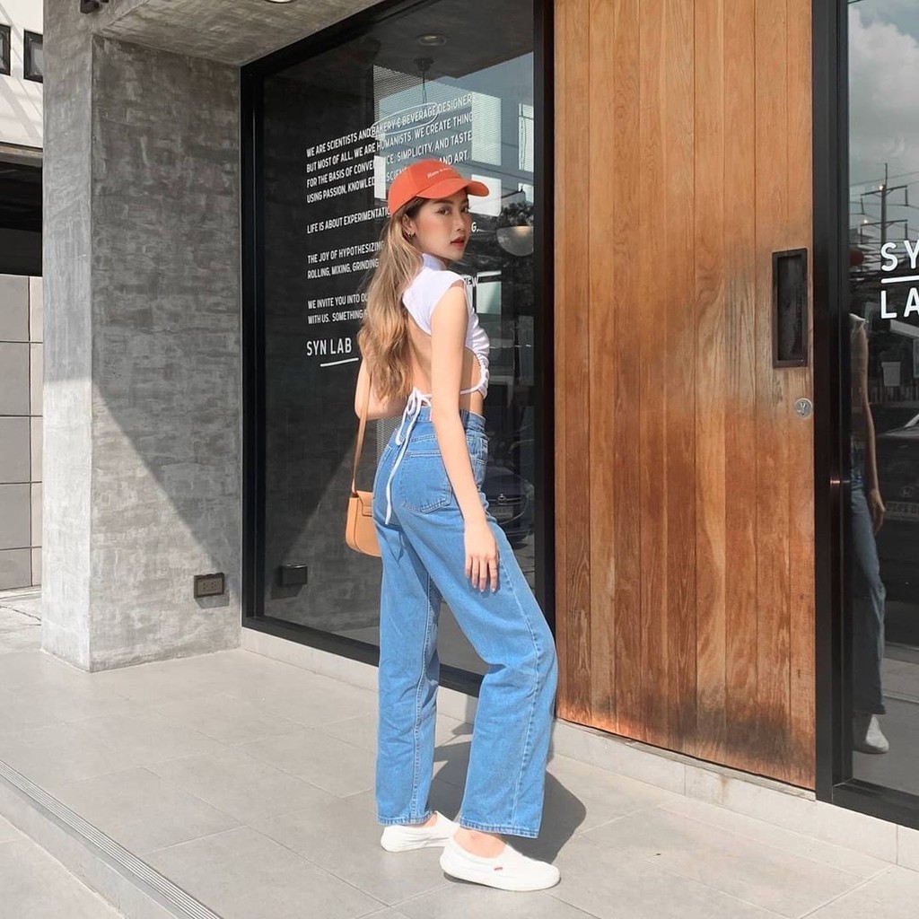 Quần Jeans Nữ Lưng Cao Ống Suông Rộng Màu Xanh LDL-102