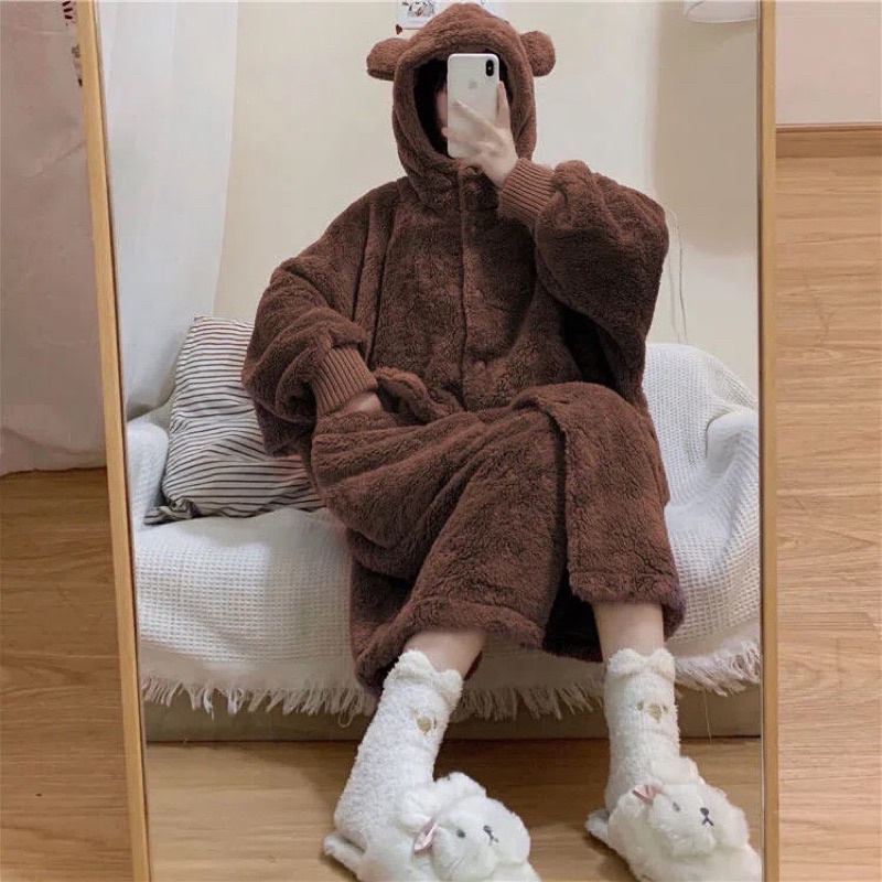 GRIZZ/Váy Ngủ Bông Mịn Gấu Nâu