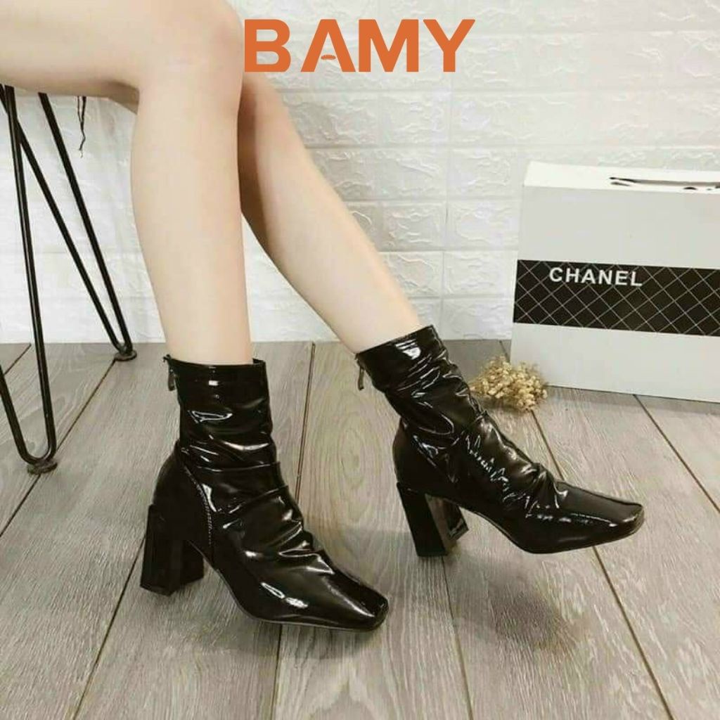 Bốt nữ da bóng nhăn cổ cao khóa sau BAMY, giày boots ulzzang gót trụ 7 phân