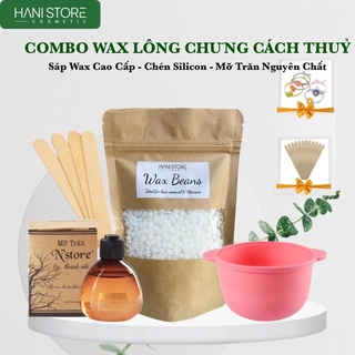 combo triệt lông chưng cách thuỷ gồm sáp wax lông, chén silicon, mỡ trăn kèm que gỗ
