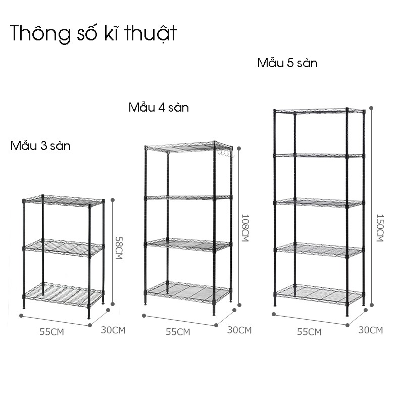 Kệ lò vi sóng - kệ để đồ nhà bếp 3 tầng 55x30x60 khung thép đen - Kệ nhà bếp