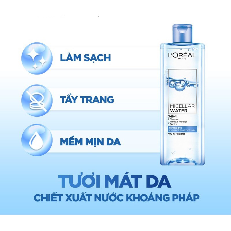 Nước Tẩy Trang L'Oreal Cho Mọi Loại Da Loreal Paris 3-in-1 Micellar Water 400ml - Khongcoson