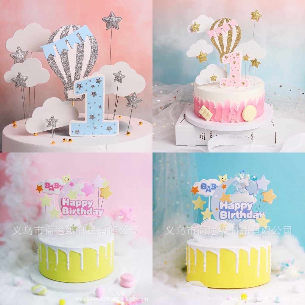 Trang trí bánh sinh nhật - sét thẻ 1 tuổi và trăng sao mây ba by cao cấp loại 1 trang trí bánh