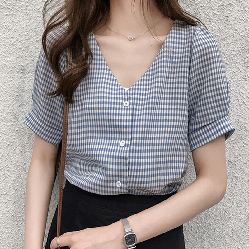 Áo Sơ Mi Ngắn Tay Họa Tiết Ca Rô Thời Trang Xinh Xắn Cho Nữ