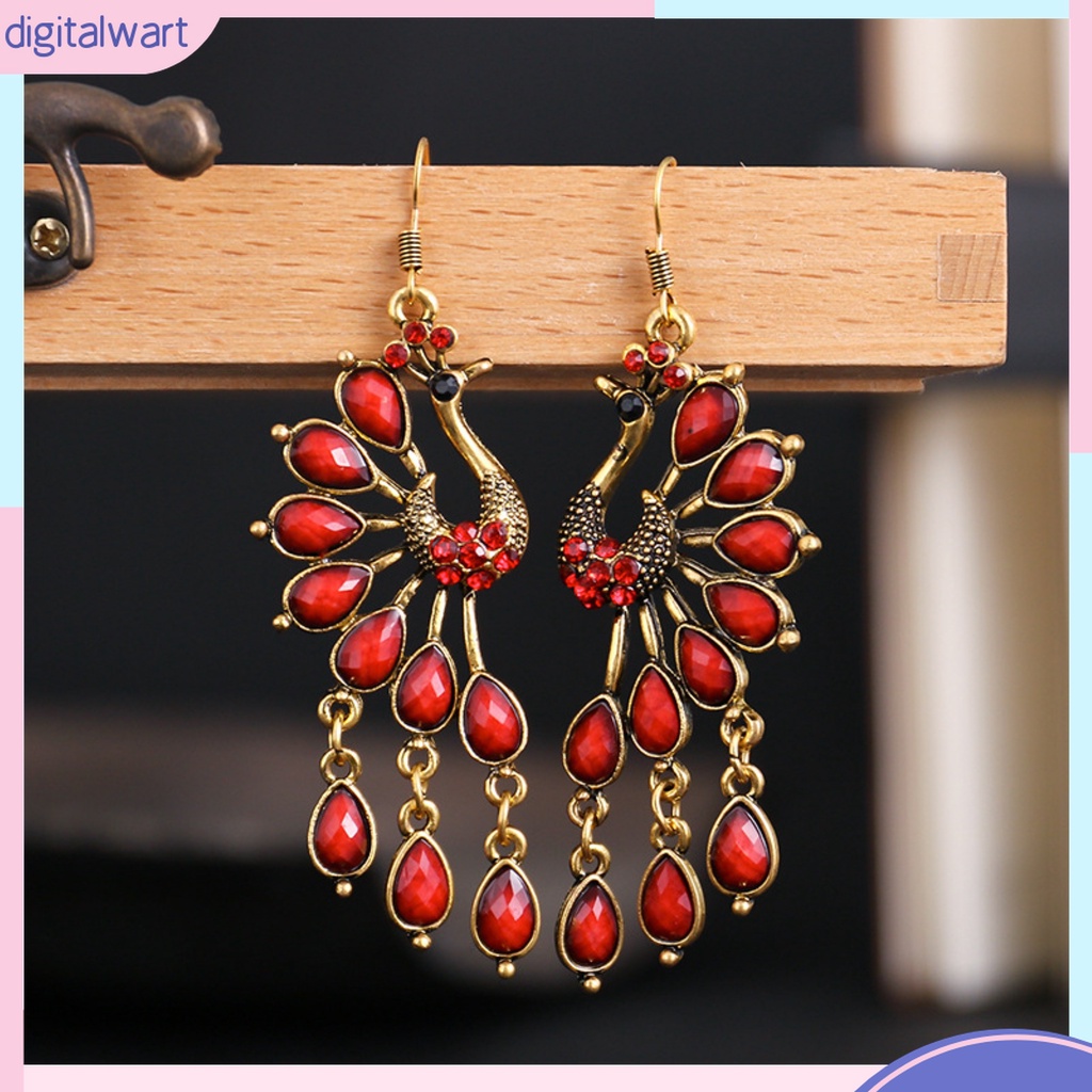 1 Đôi Bông Tai Dáng Dài Hình Chim Công Đính Đá Trang Nhã