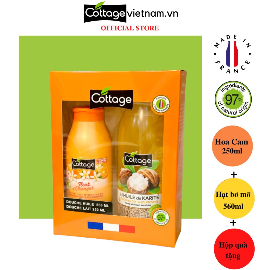 Combo Hộp Quà Tặng 2 Món sữa tắm Dưỡng ẩm Cottage 250ml Hương Hoa Cam và 560ml Hạt Bơ Mỡ