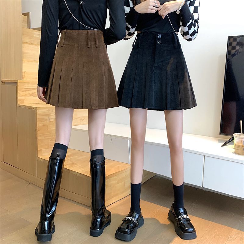 COZOK Chân váy nhung chữ A lưng cao xếp ly màu nâu thời trang cho nữ