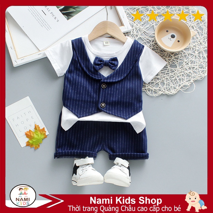 Set công tử bé trai thiết kế giả vest đính nơ cá tính