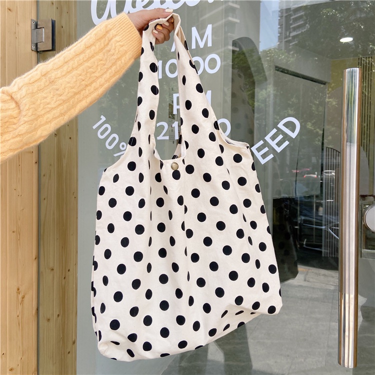 Túi xách vải canvas hoạ tiết chấm bi phong cách retro Hàn Quốc dễ thương
