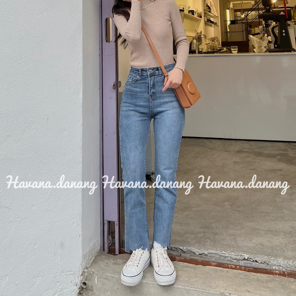 Quần jeans ống đứng lưng cao, co giãn [có sẵn, ảnh thật]