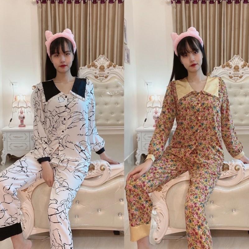 PIJAMA lụa cổ sen tay bồng, Bộ ngủ lụa cao cấp hàng shop 2CE | BigBuy360 - bigbuy360.vn