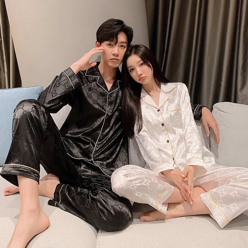 Bộ Đồ Ngủ Tay Dài Chất Lụa Satin In Họa Tiết Caro / Kẻ Sọc Thời Trang Cho Nam Và Nữ