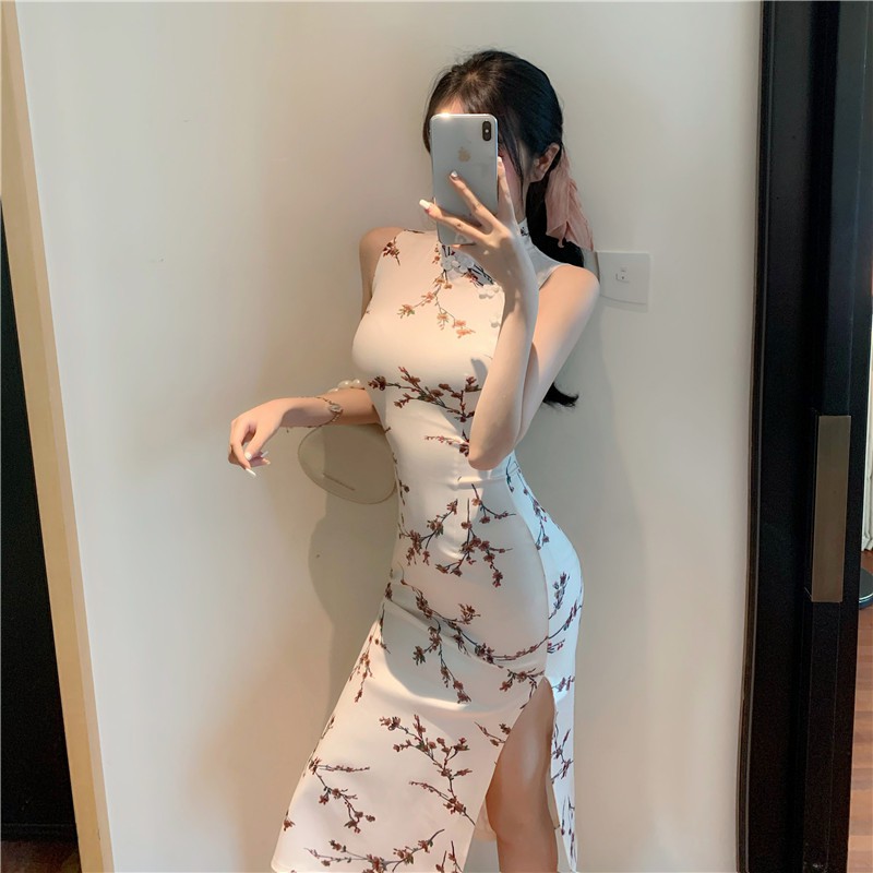 Sườn xám trắng hoa nhí 2 kiểu