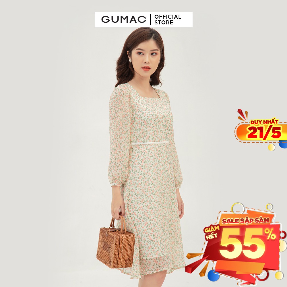 [Mã MABR07062 giảm 8% tối đa 50K đơn từ 249K] Đầm xòe nữ hoa nhí cổ vuông tay dài GUMAC màu kem, đủ size DB3109 | BigBuy360 - bigbuy360.vn