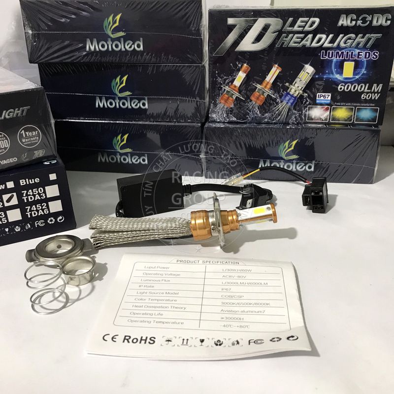 Đèn pha led xe máy Motoled 2in1 chân T19 H4 có râu tản nhiệt 6000 lumen siêu sáng