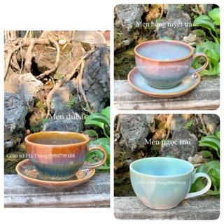 Set cốc đĩa capuchino gốm sứ Bát Tràng cao cấp men hoả biến hồng tuyết trà ngọc trai
