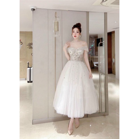Đầm váy xòe công chúa bẹt vai kết kim sa treo sang trọng xinh xắn