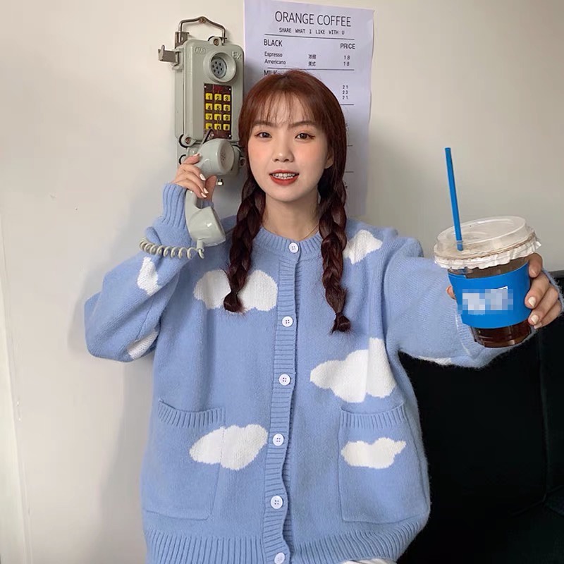 Áo cardigan Forgirl cổ tròn họa tiết đám mây cực cute