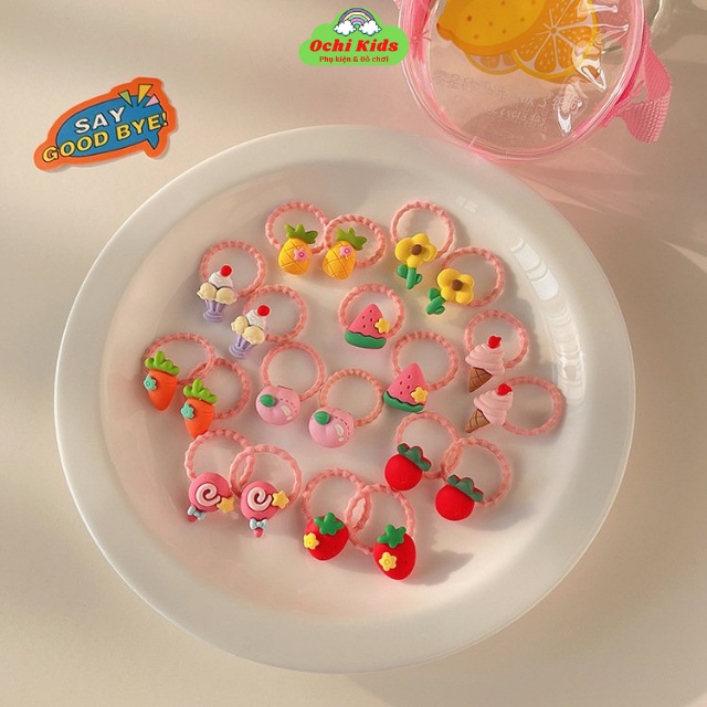 Set 20 dây chun buộc tóc hoa quả, cột tóc bé gái co dãn nhiều họa tiết, dây buộc tóc cho bé