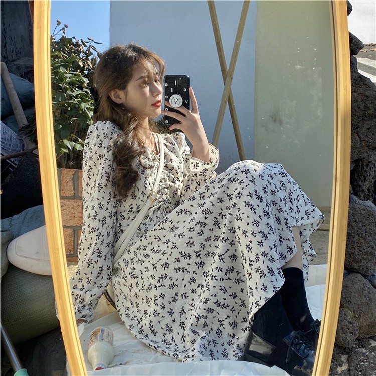 Váy hoa nhí dáng dài cổ V / Váy hoa vintage dài tay ulzzang nữ